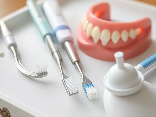 A close-up shot of various specialized oral care tools neatly arranged on a tray, including an interdental brush, a tongue cleaner, a denture brush, and a water flosser nozzle, highlighting the precis...