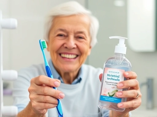 An elderly person with a kind smile, holding a soft-bristled toothbrush and a bottle of specialized mouthwash for dry mouth.