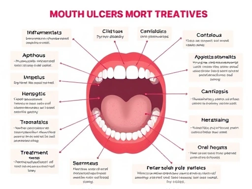 다양한 구강 궤양과 염증 유형을 시각적으로 분류한 그래픽으로, 아프타성 구내염, 헤르페스성 구내염, 구강 칸디다증 등 구내염종류별 특징을 명확히 보여주며, 대처법을 암시하는 깔끔한 디자인입니다.