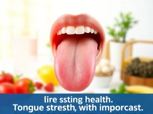 다양한 영양소가 담긴 건강한 식단과 물 한 잔, 스트레스 해소를 위한 편안한 환경이 어우러진 배경에서 건강한 혀의 모습