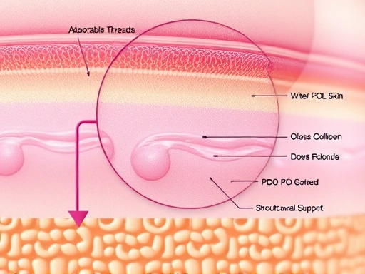 A magnified cross-section of skin showing various absorbable threads (PDO, PCL, PLA) stimulating collagen fibers and providing structural support for lifted skin.
