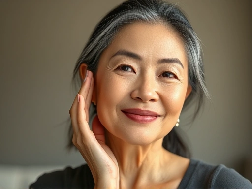 A confident woman of indeterminate age gently touching her cheek, subtle glow on her face, concept of timeless beauty and personalized self-care, soft natural lighting, elegant and refined setting, plastic surgery consultation, Korean aesthetic