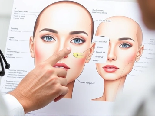 Close-up of a doctor's hand pointing at an anatomical diagram of a face, explaining different facial areas and potential treatment spots for plastic surgery to a patient, focus on details of the diagram and the professional interaction.