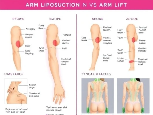 An illustrative guide comparing arm liposuction and arm lift procedures, showing the areas affected and typical outcomes, with a focus on arm contouring and body shaping.