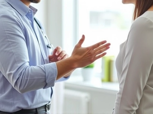 A detailed image showing a person consulting with a professional about arm and elbow plastic surgery, focusing on achieving overall arm harmony. The scene is bright and professional, with clear communication, incorporating keywords like 'arm line,' 'elbow aesthetics,' and 'consultation process'.