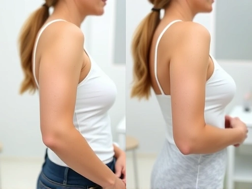 A woman with toned arms and slim wrists, showing before and after results of arm line improvement, in a bright, clean aesthetic clinic setting, focusing on the arm silhouette.