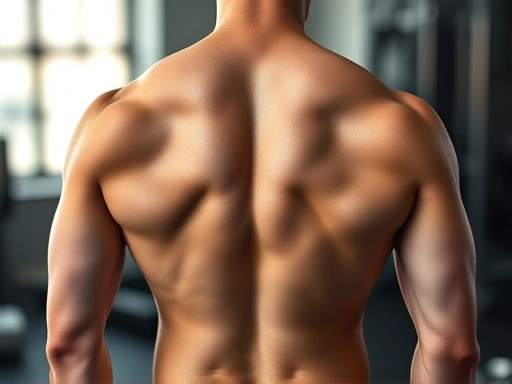 A person with a toned back and shoulders, showcasing a smooth, improved backline, in a fitness setting, highlighting muscle definition and posture.