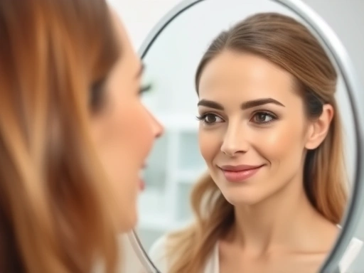 A confident woman looking in a mirror, subtly enhanced facial features after a botox treatment for wrinkles, showing smooth forehead and relaxed expression. Bright, modern clinic setting.