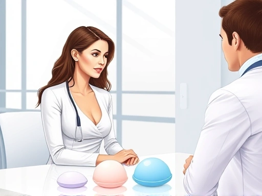 A detailed illustration of a woman consulting with a plastic surgeon, discussing various breast augmentation options, with different implant types visible on a table in a bright, modern clinic setting, focusing on education and choice.