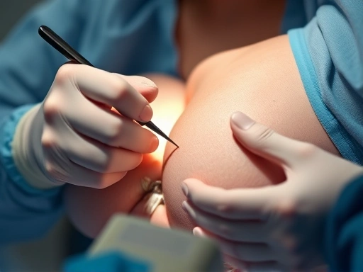 Close-up view of a surgeon's hands meticulously performing a breast reconstruction surgery, with a focus on precision and the delicate nature of the procedure, implying expertise and care. Include surgical tools and medical setting. Key SEO keywords: breast surgery, reconstruction technique, surgical precision.