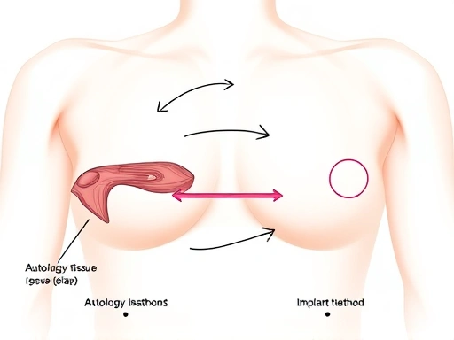 A detailed schematic of breast reconstruction surgery, showing both autologous tissue (flap) and implant methods, with clear arrows indicating tissue movement and implant placement, set against a subtle medical background. Key SEO keywords: breast reconstruction, surgery methods, implant, flap.