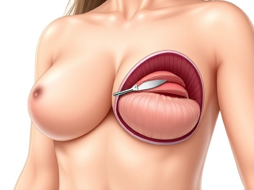 A detailed medical illustration showing the internal process of breast reduction surgery, with anatomical precision and clear layers of tissue. The focus is on the surgical lines and volume reduction, set against a clean, clinical background, emphasizing expertise and precision.