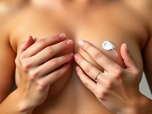 Close-up view of a person applying a scar cream or patch to a healed breast reduction incision, highlighting the recovery and care aspect. The hands are gently touching the skin, suggesting comfort and progress, with a focus on scar management and long-term results.