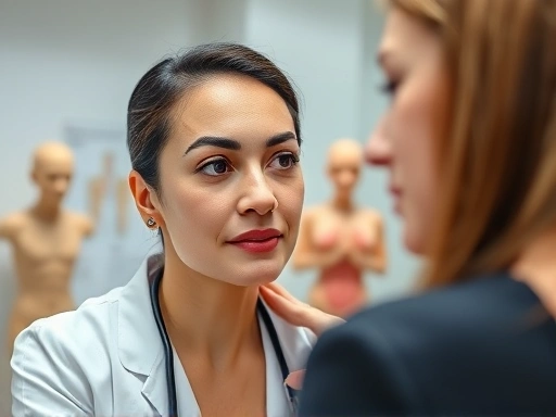 A detailed image showing a person consulting with a plastic surgeon about buccal fat removal, focusing on facial contours and expressions of thoughtful discussion in a bright, modern clinic setting, with charts or anatomical models in the background, including keywords like 