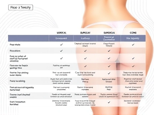 A detailed comparison table showing different buttock enhancement methods, highlighting surgical and non-surgical options with pros and cons, set against a background of abstract body contouring lines. Emphasize clarity and information density for buttock augmentation and hip-up procedures.