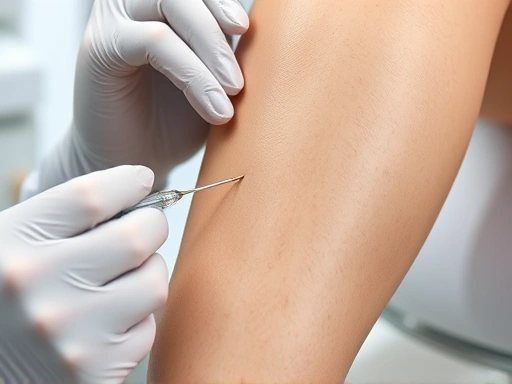 A close-up, detailed image of a professional performing a calf botox injection, showing the precise needle placement on the gastrocnemius muscle. The background should be blurred clinic setting, emphasizing the clean and sterile environment. Keywords: calf botox, injection, muscle reduction, cosmetic procedure, precision.