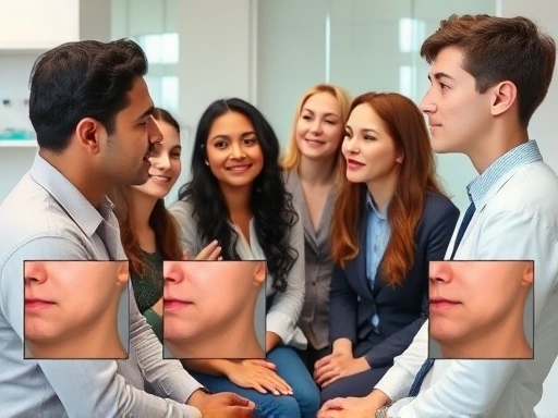A diverse group of people discussing facial aesthetics with a professional, showing different chin shapes and the benefits of chin augmentation, in a clean, modern clinic setting.
