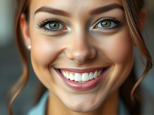A close-up of a person's confident smile and bright eyes, possibly in a professional context, subtly suggesting self-improvement and a positive outlook, focusing on facial features and a positive professional expression.