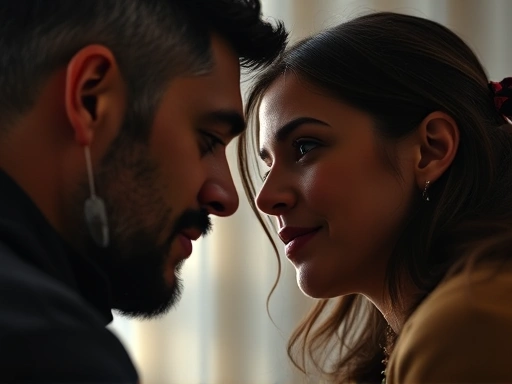 A close-up of a couple engaged in deep, honest conversation, illustrating open communication and understanding in relationships. The scene emphasizes connection and emotional support post-surgery.