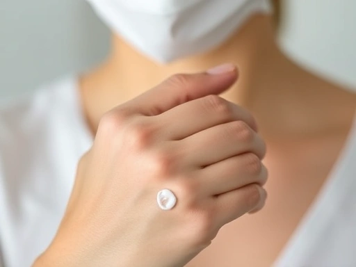 A close-up shot of a person's hand applying a small amount of healing cream to a discreet area, symbolizing post-plastic surgery care and gradual return to daily routines, with a focus on self-care and meticulous recovery steps.