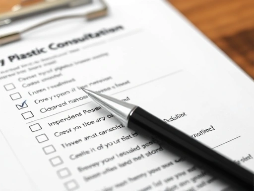 A close-up shot of a detailed checklist and a pen on a clipboard, symbolizing thorough preparation and important questions for plastic surgery consultation, with clear handwriting and highlighted points.