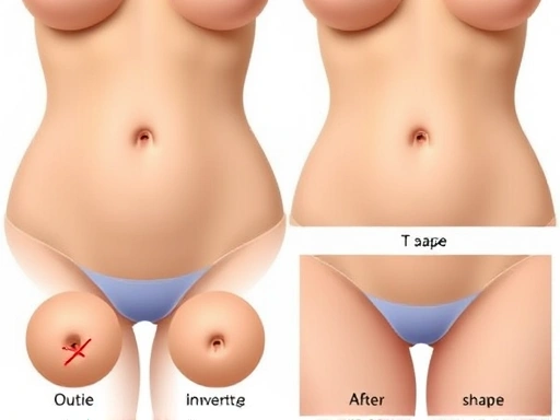 A highly detailed close-up diagram illustrating various common belly button shapes (outie, innie, T-shape) and conceptual before-and-after representations of umbilicoplasty, highlighting surgical incisions and ideal aesthetic outcomes. (SEO: umbilicoplasty, belly button surgery, abdominal line, cosmetic procedure)
