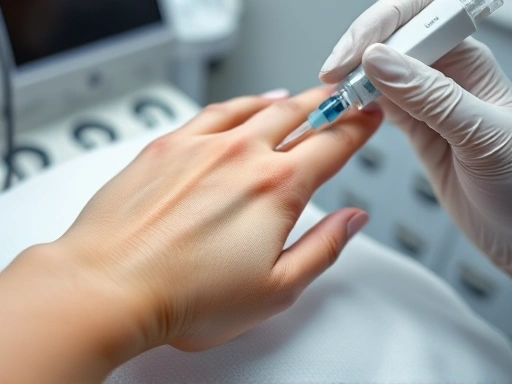 A detailed shot of a hand receiving a cosmetic procedure, possibly an injection or laser, with a blurred background showing a clinic setting, focusing on the precision and modernity of hand lifting treatments.