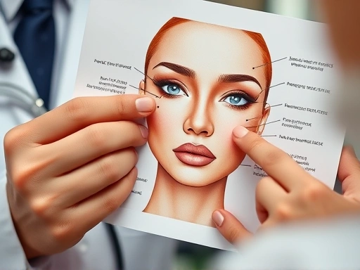A close-up shot of a doctor's hands holding a medical diagram, pointing to specific areas on a patient's face during a plastic surgery consultation, emphasizing clear communication and expert guidance for a regret-free choice.