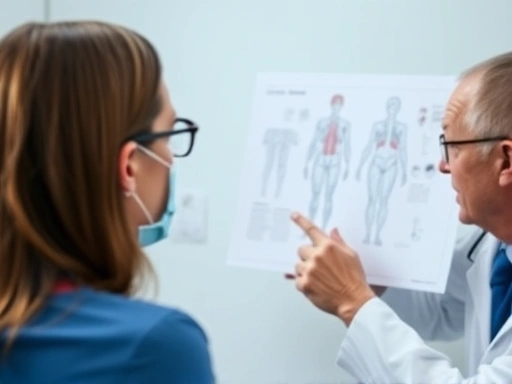 Close-up of a patient and a plastic surgeon during a consultation, with a focus on their engaged conversation and the surgeon pointing at a medical diagram, highlighting trust and professional advice.