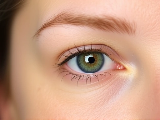 A close-up of a person's eye, showing a subtle double eyelid line, with a soft, natural aesthetic. Focus on detailed skin texture and eyelashes. Soft lighting highlights the eye's contours, representing a successful double eyelid revision surgery result.