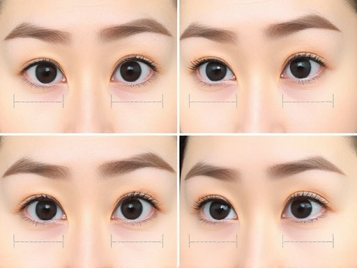 A close-up, clear image of different eye types (e.g., monolids, hooded eyes) before double eyelid surgery, with subtle graphic overlays indicating potential surgery lines, emphasizing diversity in eye shapes.