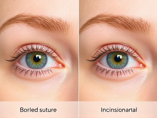 A detailed side-by-side comparison illustrating the results of different double eyelid surgery techniques (buried suture, incisional) on a single eye model, showing natural-looking and distinct outcomes.