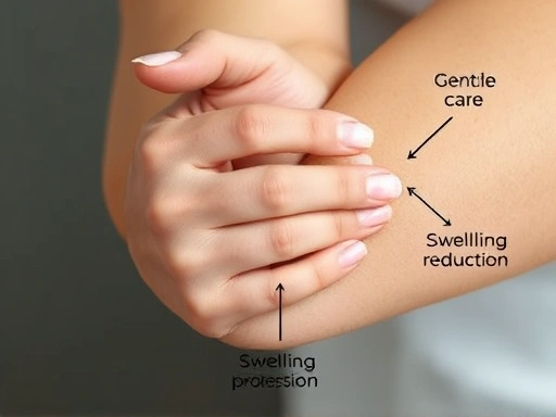 A close-up image illustrating the recovery process after elbow plastic surgery, with a focus on gentle arm care, perhaps showing a hand applying a cream or light massage, emphasizing keywords like 'post-procedure care,' 'swelling reduction,' and 'healing process'.