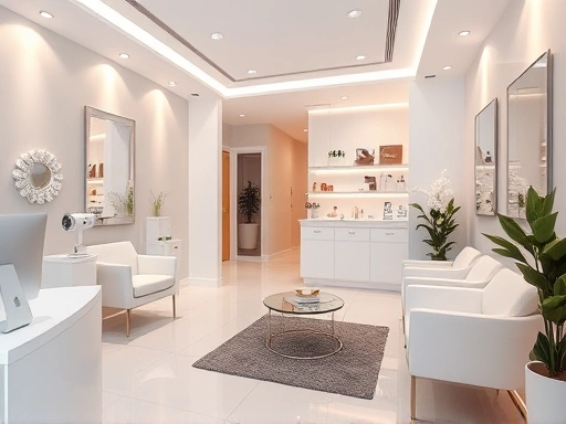 A serene clinic waiting area with soft lighting, reflecting modern aesthetic treatments, with subtle hints of advanced technology and a relaxed atmosphere, SEO keywords: non-surgical lifting, skin rejuvenation.