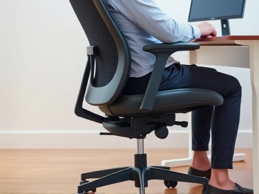 Close-up of an ergonomic office chair with a person sitting correctly, illustrating proper back support, feet flat on floor, and monitor at eye level. Clear, detailed, professional.