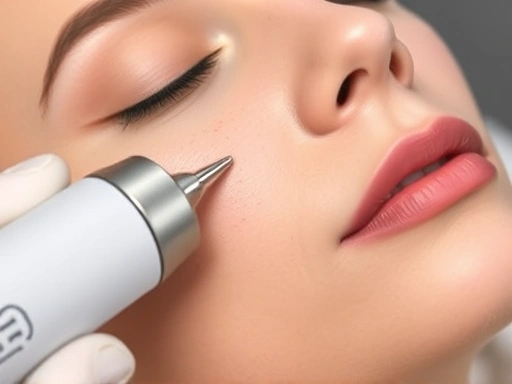 Close-up shot of the Excel V laser handpiece gently touching skin with subtle red veins, emphasizing precision and gentle treatment, in a clean medical environment, focusing on detail.