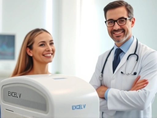 A modern dermatology clinic setting with an Excel V laser device, a smiling patient, and a professional doctor, bright lighting, focus on advanced technology, clean environment.