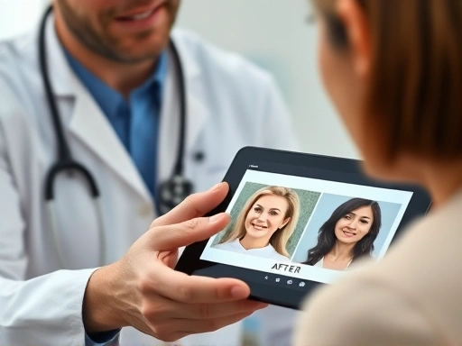 A close-up shot of an experienced plastic surgeon's hands gently gesturing over a 40s patient's facial contour during a consultation, emphasizing expertise and trust. A tablet in the background shows subtle, natural-looking 