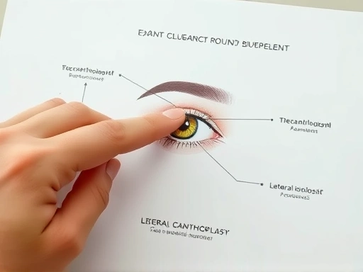 A detailed, close-up shot of a professional hand pointing to specific areas around the eye on a clear diagram, illustrating the exact points of adjustment for epicanthoplasty and lateral canthoplasty, with a focus on precision and subtle enhancement, set against a clean, medical background.