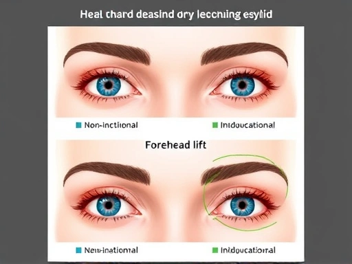 A detailed medical illustration showing various methods of eyelid drooping correction, including non-incisional, incisional, and forehead lift, highlighting the anatomical changes in a clear, professional style, suitable for medical information. Focus on the eye and forehead areas.