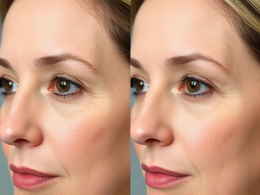 Close-up on a person's temple area, showing a subtle, natural volume increase after a successful fat grafting, highlighting smooth contours and youthful appearance. Before and after comparison on a single face.