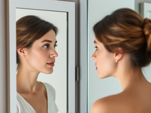 A symbolic image of a person contemplating their reflection in a mirror, showing subtle and harmonious facial feature changes, representing the thought process before and after facial contouring surgery, with a focus on natural aesthetic enhancement.