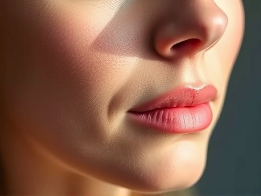 A close-up, abstract image showing the subtle transition of facial contours, possibly with light lines or gradients indicating a gentle transformation, focusing on bone structure and skin texture, reflecting the gradual changes after facial contouring surgery recovery.