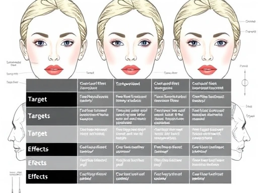 A detailed comparison table showing different types of facial contouring surgeries, highlighting their targets and effects, set against a background of abstract facial diagrams. Focus on clarity and information. Keywords: facial contouring surgery, types, comparison, effects, table.