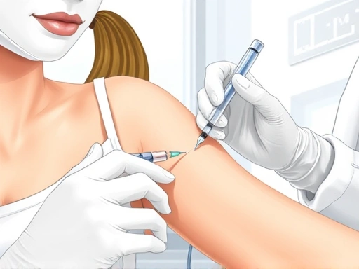 A detailed illustration of a person receiving a fat-dissolving injection on their arm, focusing on the calm expression of the patient and the professional demeanor of the medical practitioner, with clear medical tools in a sterile clinic setting. Keywords: fat dissolving injection, medical procedure, aesthetic treatment.