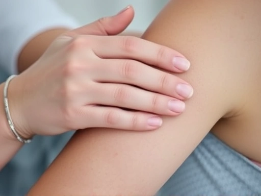 A close-up shot of a person gently massaging their arm with a cold pack after a fat-dissolving injection, showing the subtle signs of the procedure and emphasizing post-care. Keywords: post-injection care, recovery, soothing, aesthetic procedure.