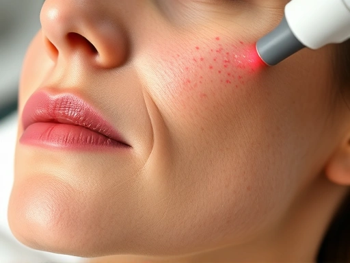 A close-up shot of a person's face undergoing Fraxel laser treatment, with tiny red dots on the skin, illustrating skin regeneration and collagen stimulation, in a clean, modern clinic setting, high-resolution, bright lighting.