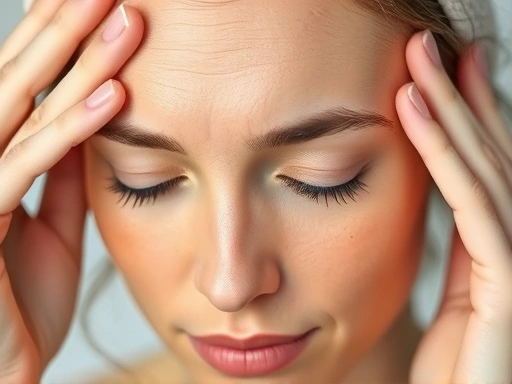 A close-up shot of a person gently massaging their forehead, with soft, glowing skin and minimal frown lines, highlighting the results of skin care and home remedies.