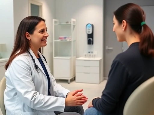 A person consulting with a professional plastic surgeon in a modern, clean clinic, discussing full-body plastic surgery and body harmony, with a relaxed and informative atmosphere, focusing on patient-doctor communication.