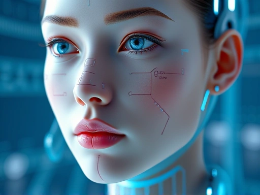 A close-up of a futuristic 3D simulation interface showing a human face with AI-generated aesthetic enhancements, emphasizing personalized future plastic surgery technology.